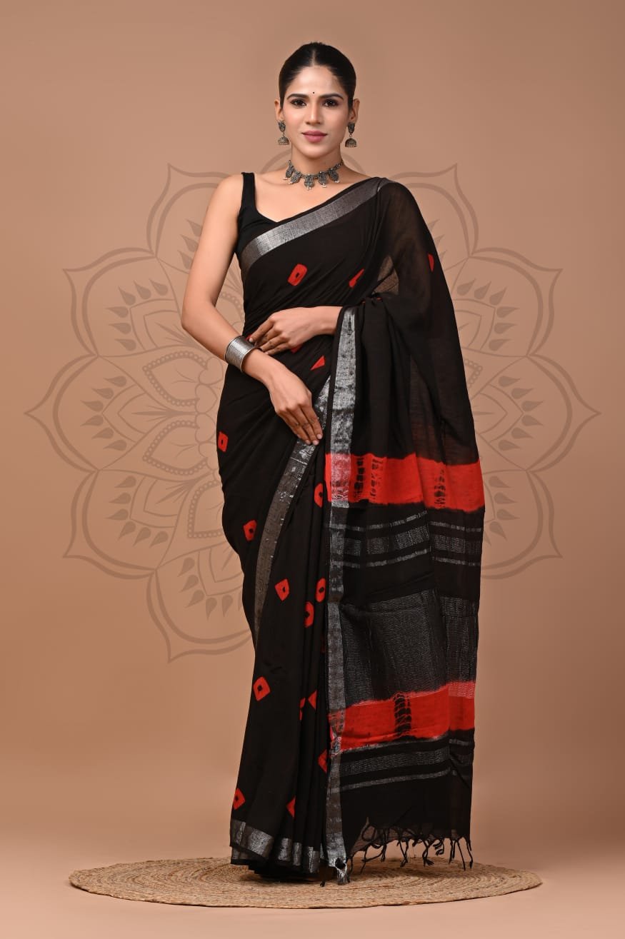 Hand Block Printed Linen Saree with Blouse